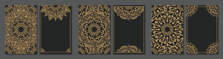 Elegant gold mandala pattern on black background for luxury invitation, Greeting card layouts. © ART Fanatic