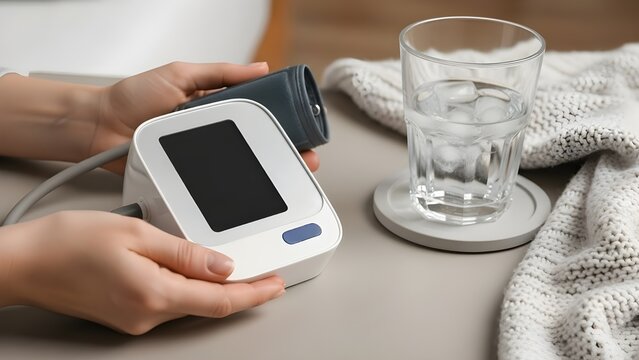 Hands holding a blood pressure monitor on a neutral-toned bedside table with a glass of water beside a cozy knitted blanket