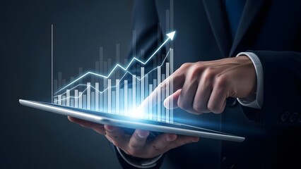 Business professional interacting with digital graph on tablet displaying financial market growth
