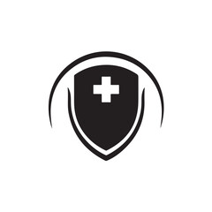 Obraz premium Medical Shield Logo with Cross Symbol in Simple Black Design on White Background for Healthcare Branding