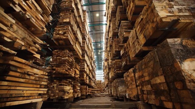 Medium shot capturing vertical storage of lumber in an urban sawmill highlighting spacesaving techniques with timber stacked neatly on multilevel racks.