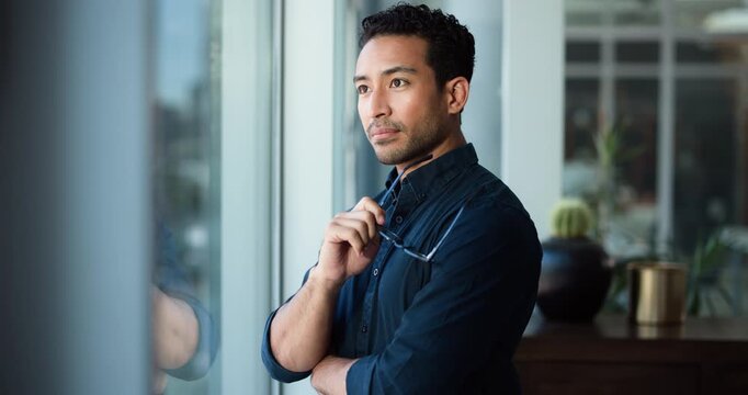 Thinking, glasses and business man by window for solution, project reflection or corporate opportunity. Career growth, problem solving or employee with eyewear for planning insight, ideas or office