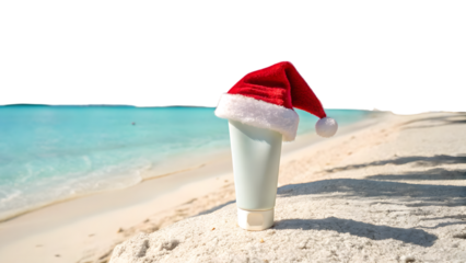 Santa Hat on the sunBlock careem, beach view, Isolated on White Background