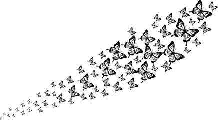 Black and white vector illustration of a swirling, flying, and fluttering flock of decorative, abstract monarch butterflies creating a graceful, dynamic, upward-moving arrow design