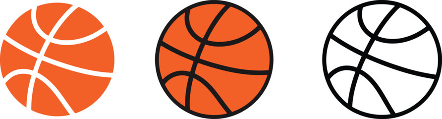 Three stylized basketballs in orange and black and white outline