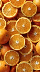 Freshly cut orange slices piled together creating a vibrant and sunny display of citrus fruit in a market setting