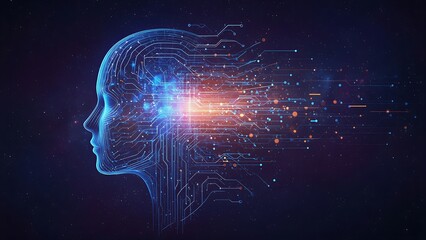 Abstract Human Mind Technology Circuit Board Concept Illustration, Abstract digital human head with glowing data streams flowing outwards representing artificial intelligence and technology