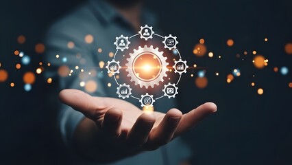 A hand holding a glowing lightbulb formed from digital network connections