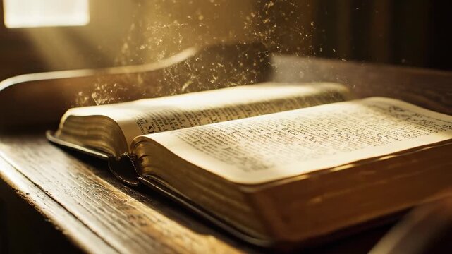 Open holy bible on a wooden church lectern illuminated by heavenly light. Sunbeams and glowing dust particles create a serene and spiritual mood for faith and hope