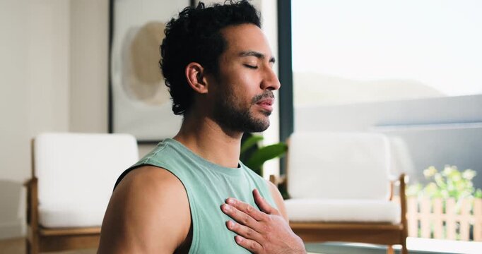 Breathing, fitness and meditation with man in home studio for balance, inner peace or mindfulness. Awareness, exercise and yoga with person in apartment for holistic health or wellness routine