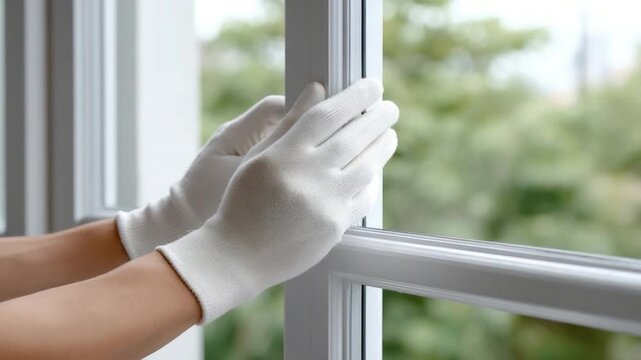 Person Wearing Protective Gloves Adjusting a Window Frame with a Soft Focus on Nature in the Background 4k video footage