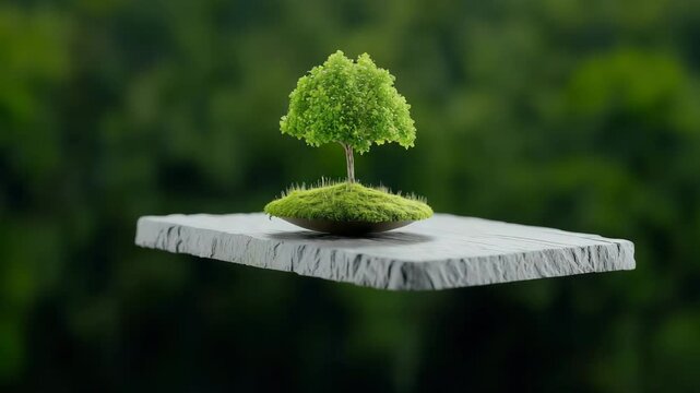 Small tree on a floating piece of land surrounded by green background in a nature-themed setting