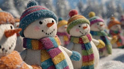 A whimsical scene of children making snowmen with colorful scarves and hats,