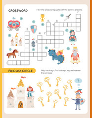 Pages for a children's activity book. The theme is a fairytale kingdom. Crossword, Find and circle. Fun activities for preschool children. Kids book kingdom theme. 