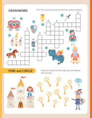 Pages for a children's activity book. The theme is a fairytale kingdom. Crossword, Find and circle. Fun activities for preschool children. Kids book kingdom theme. Vector illustration.