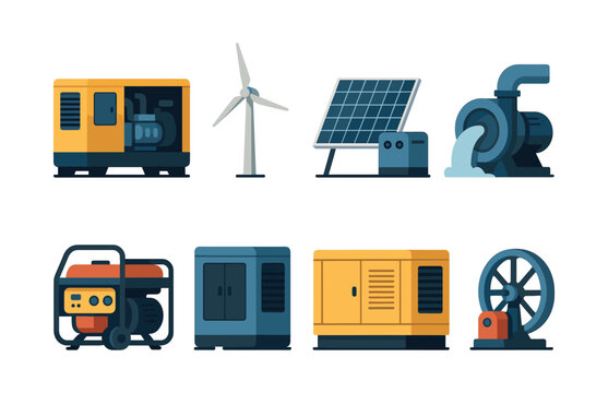 Renewable energy and generator icons, flat vector illustration, sustainable elements