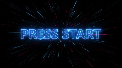 Blue neon text PRESTART against a dark background with exploding light streaks press start - Powered by Adobe