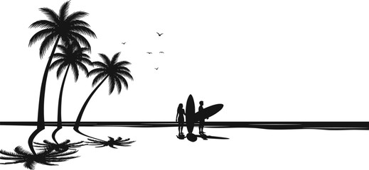 Couple Surfers with Boards Standing Near Palm Trees at Ocean Shoreline, Reflecting on Calm Water, Birds Flying, Flat Design Illustration