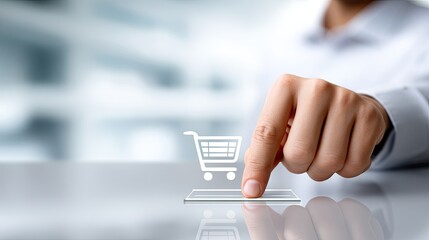 Hand of a person interacting with a digital shopping cart icon while browsing products in a stylish interior space