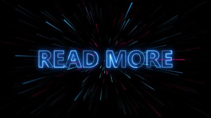 Blue neon text READMORE glowing on a dark background with light streaks read more word - Powered by Adobe
