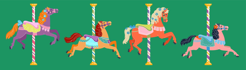 Retro carousel horse. Playful circus elements. Colorful fair design. Merry-go-round pony with pillar. Carnival event. Hand drawn for kids. Roundabout attraction. Doodle vintage stickers vector art set