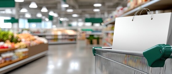 A shopping cart stands in a well-lit supermarket aisle filled with various products. The focus is on the cart's empty space