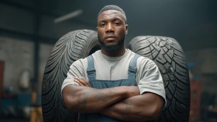 Confident mechanic posed between large tires, showcasing skills and dedication in an automotive workshop environment 4k video footage