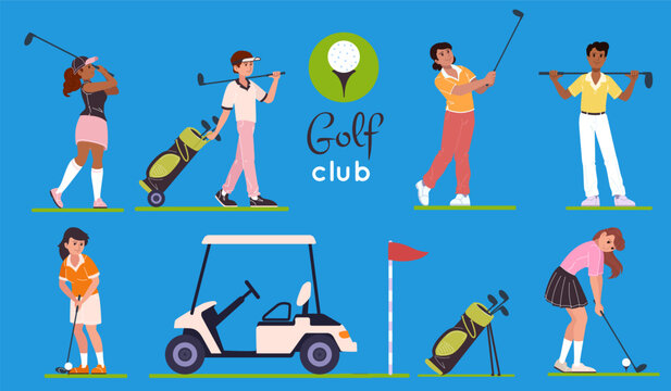 People playing golf. Golfer character with bag, club and car cart. Summer sports leisure on grass field with holes. Sportsmen at playground lawn. Athletic game elements set. Vector flat illustration