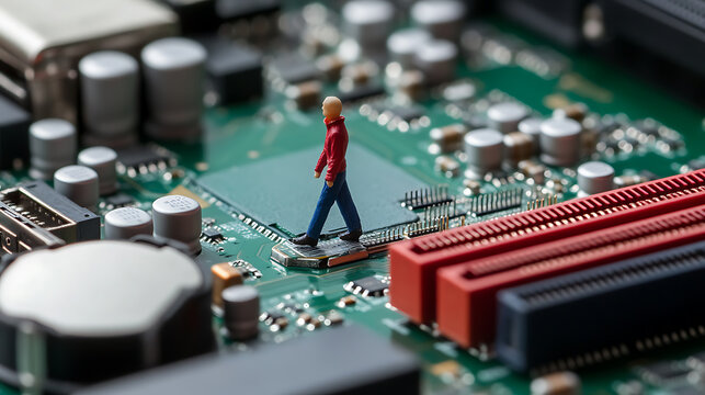 Tiny figure striding across a vibrant green circuit board, a miniature adventure in the heart of technology.  The circuit board details are incredibly mesmerizing. - Powered by Adobe