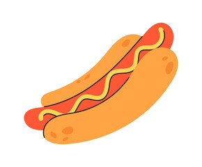 Food delivery. Hotdog order. Bread bun with sausage mustard sauce. Fastfood restaurant shipping. Takeaway junk meal eating. Tasty meat burger. American snack. Lunch sandwich. Vector isolated element