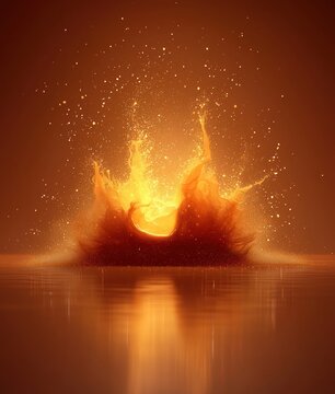 Amber liquid impact creates a crown splash and ripples on reflective surface