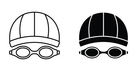 Swimming hat and glasses icon set. Swimming hat and glasses vector symbol in black filled and outlined style.