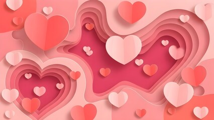 Paper cutout style valentines day background with layered pink and red hearts