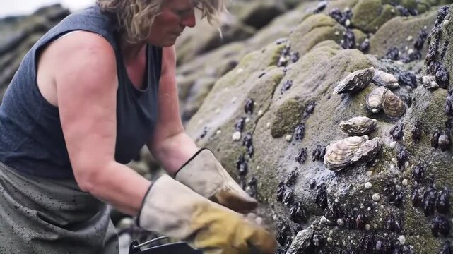 A person gathers oysters from a mossy rock wearing gloves and apron