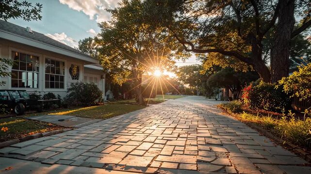 View from the garage of a private house onto the sunlit driveway.