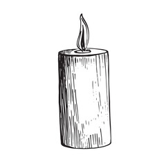 Hand-drawn vector illustration of a burning candle with rustic texture and simple flame. Sketch-style details ideal for holiday decor, spirituality, relaxation, aromatherapy, wellness themes.