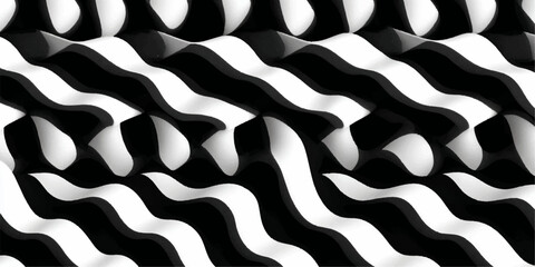 Abstract black and white wavy stripes pattern with a textured surface and optical illusion effect