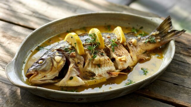 National cuisine of Bosnia and Herzegovina. 
Sazan po-gurmanski (carp in gourmet way).