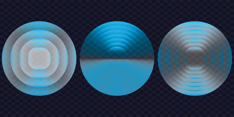 Sound wave. Signal concentric circle. Round light effect. Wifi range. Radio station signal. Water ripple with circle waves. A place or a painful point. Radar screen. Vector effect.
