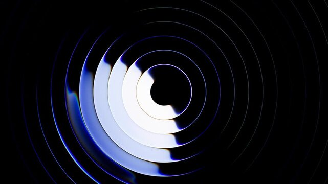 Cycled 3D animation. Abstract minimalist aesthetic background. Fluted glass texture. Bright light reflects and slides inside glossy round discs
