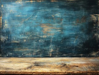 Rustic blue wooden wall and old table surface, perfect for food presentation or vintage product display.