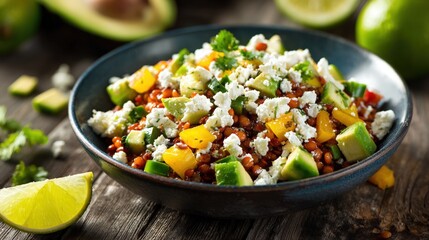 colorful lentil salad in a blue bowl. It features diced green avocado, bright yellow bell pepper, and crumbled white feta cheese, garnished with cilantro, sitting on a rustic wooden table with lime.