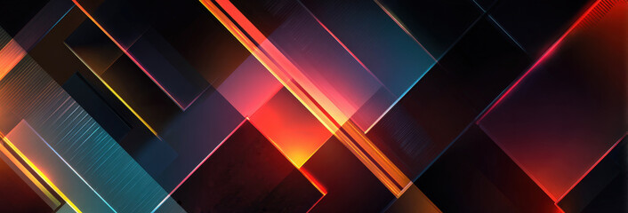 background featuring dark, overlapping geometric shapes rectangles and angles. Neon light sources highlight the edges in vibrant red, orange, and electric blue, conveying a sense of digital technology