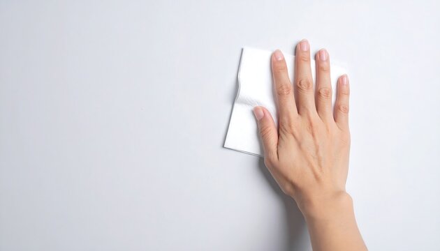 Closeup of a hand holding a white paper napkin wiping on wall isolated background