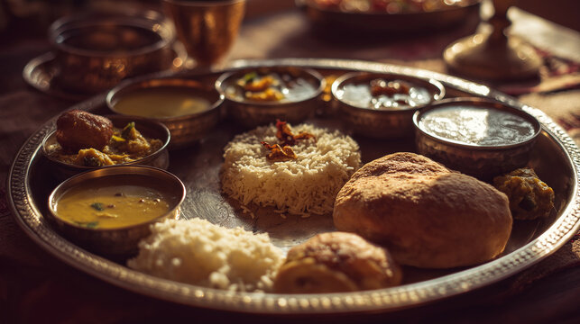 A semi-traditional Pan-Indian thali with Rajasthani influence, including dal, baati-style roti, paneer curry, mixed sabzi, kadhi, rice, chutney, papad, pickle, and halwa, shot in warm golden light.