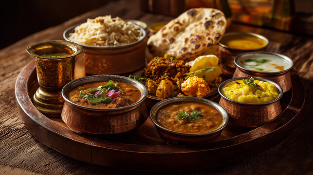 A semi-traditional Pan-Indian thali with Rajasthani influence, including dal, baati-style roti, paneer curry, mixed sabzi, kadhi, rice, chutney, papad, pickle, and halwa, shot in warm golden light.