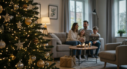 Christmas tree at home with a cozy family scene in the background