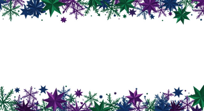 intricate geometric indigo, emerald, and amethyst snowflakes and stars border transparent copy space, designed as a modern winter holiday greeting card concept - Powered by Adobe