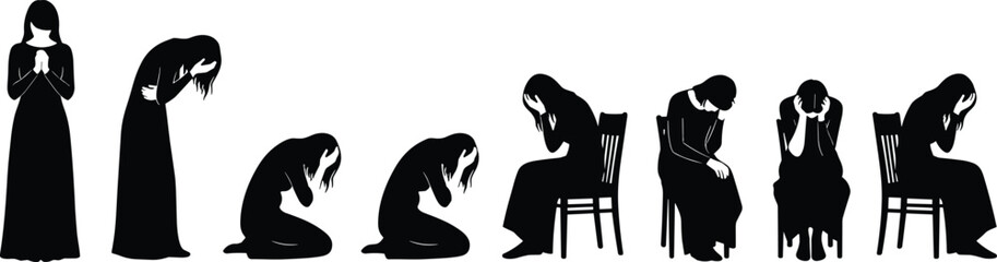 Emotional pain and grief concept vector illustration, a sequence of black silhouettes showing a woman crying, kneeling, and sitting in despair, expressing depression and loneliness.