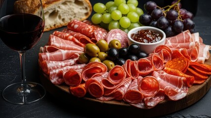 Appetizing charcuterie board with cured meats, olives, grapes, bread, fig jam, and red wine, ready for a gathering.